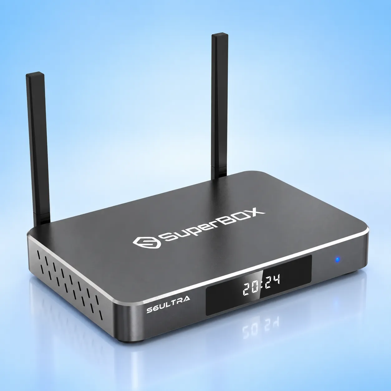 Angled product view of SuperBox S6 Ultra with dual antennas