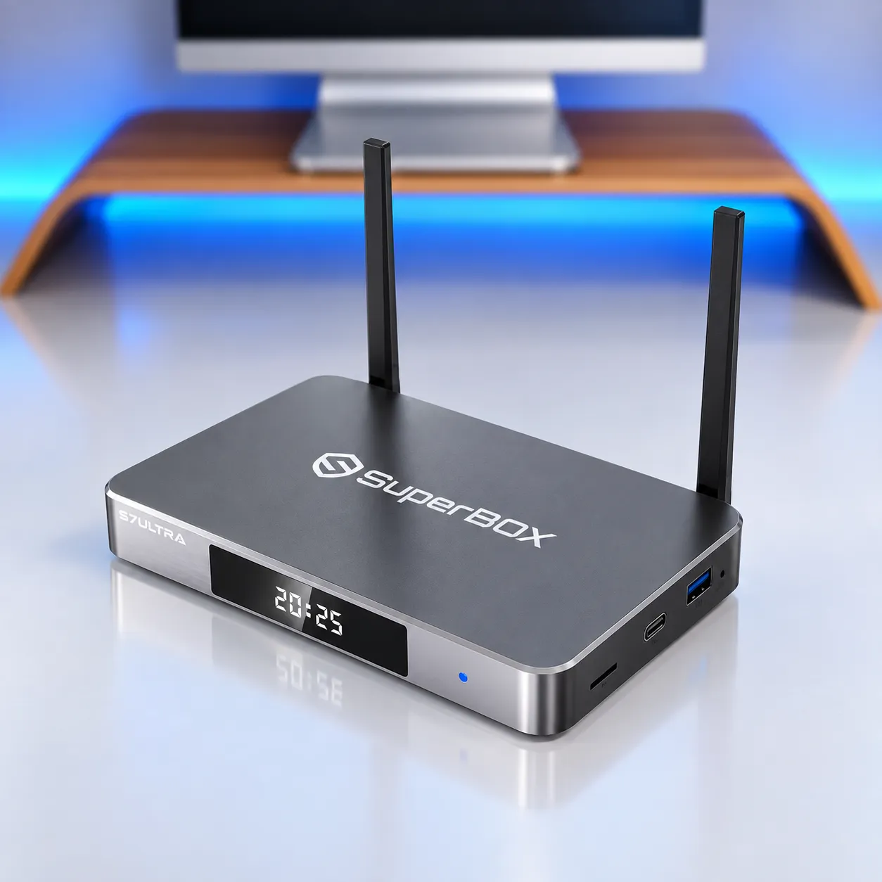 Angled product view of SuperBox S7 Ultra with dual antennas