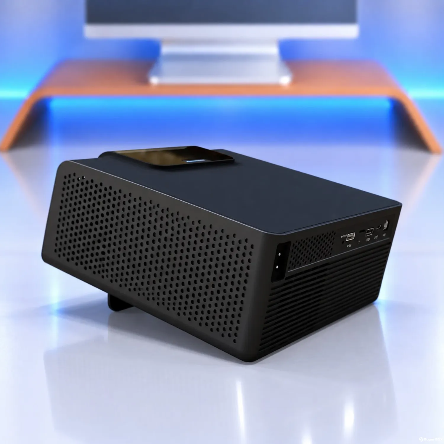 Angled view of SuperBox P7 Pro Projector showing top and rear