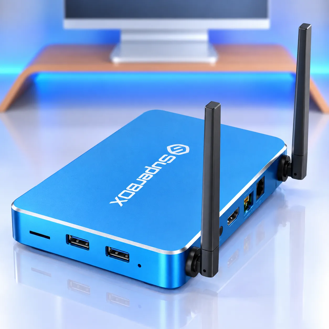 Angled view of SuperBox S6 Max showing connectivity ports