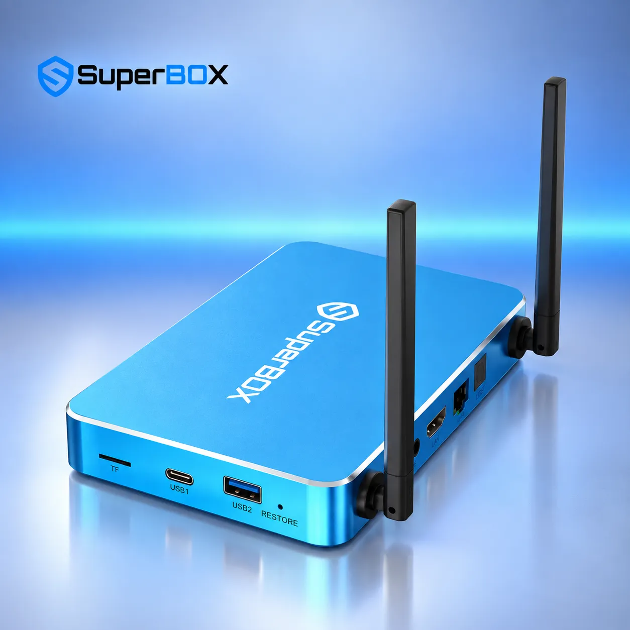 Angled view of SuperBox S7 Max with connectivity ports