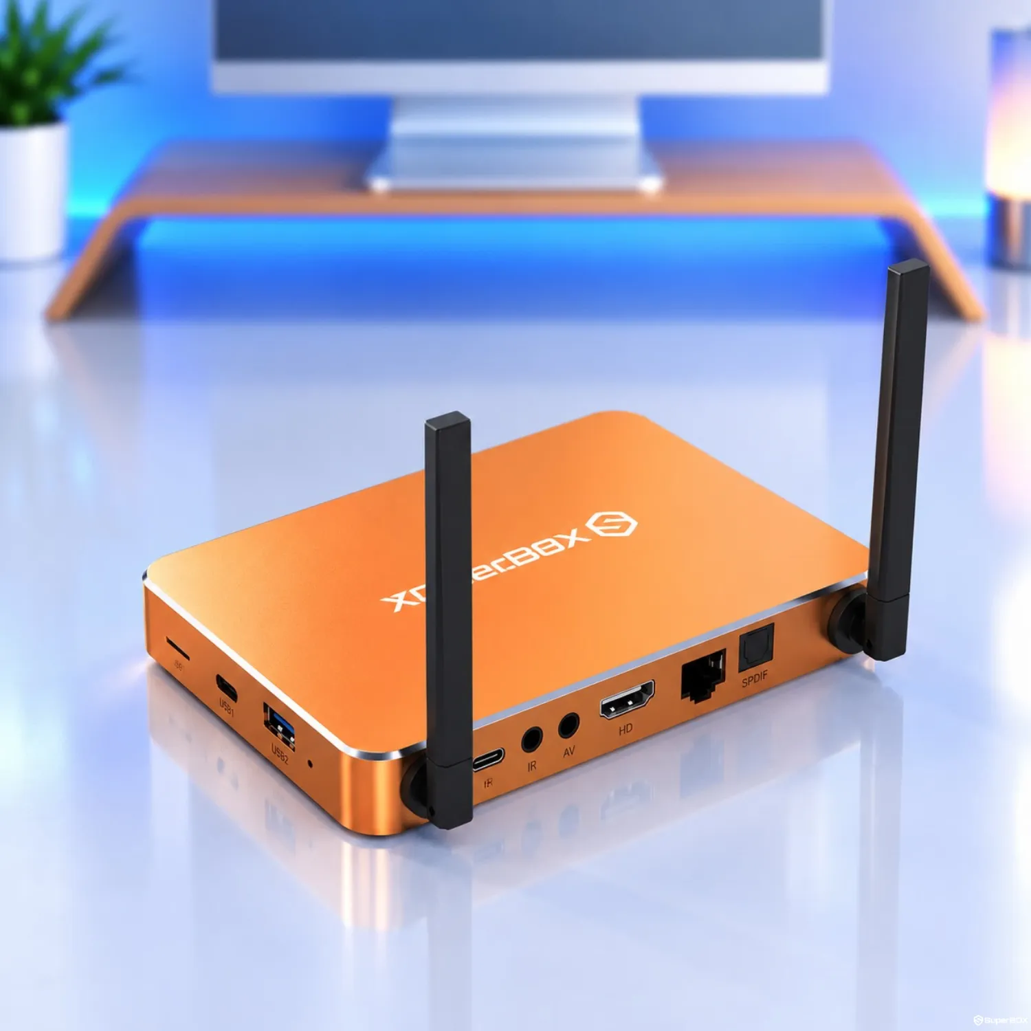 Angled view of SuperBox S7 Prime with connectivity ports
