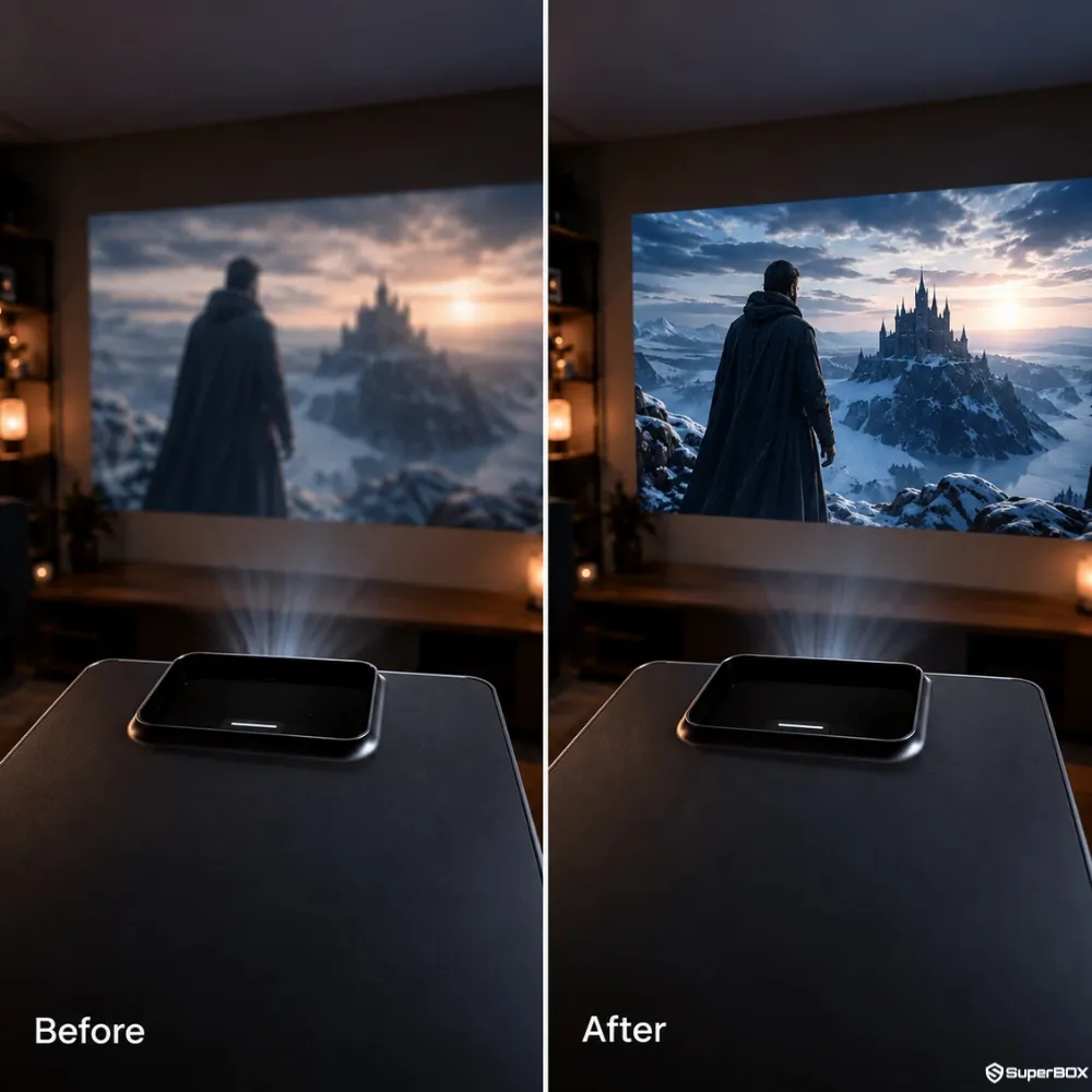 Before and after image quality comparison with SuperBox P7 Pro Projector