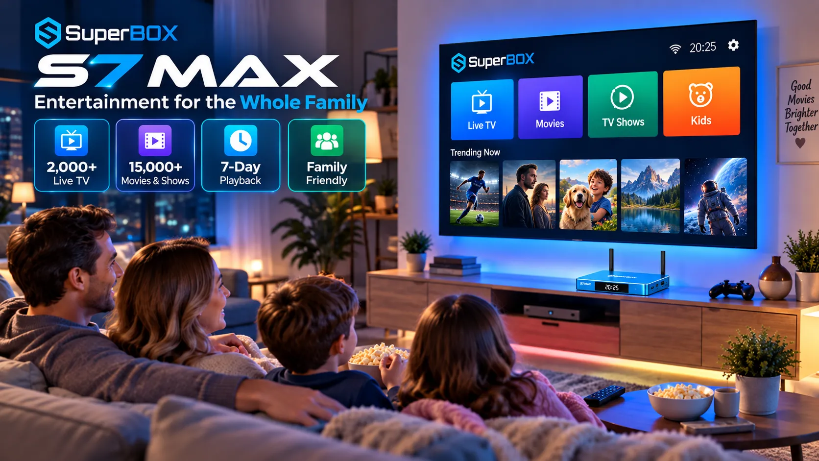 SuperBox S7 Max 4 Family enjoying home entertainment with SuperBox S7 Max