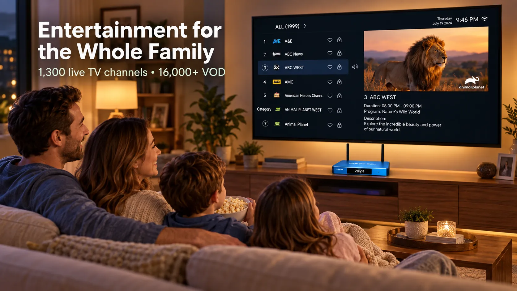 SuperBox S6 Max 7 Family watching home entertainment with SuperBox S6 Max