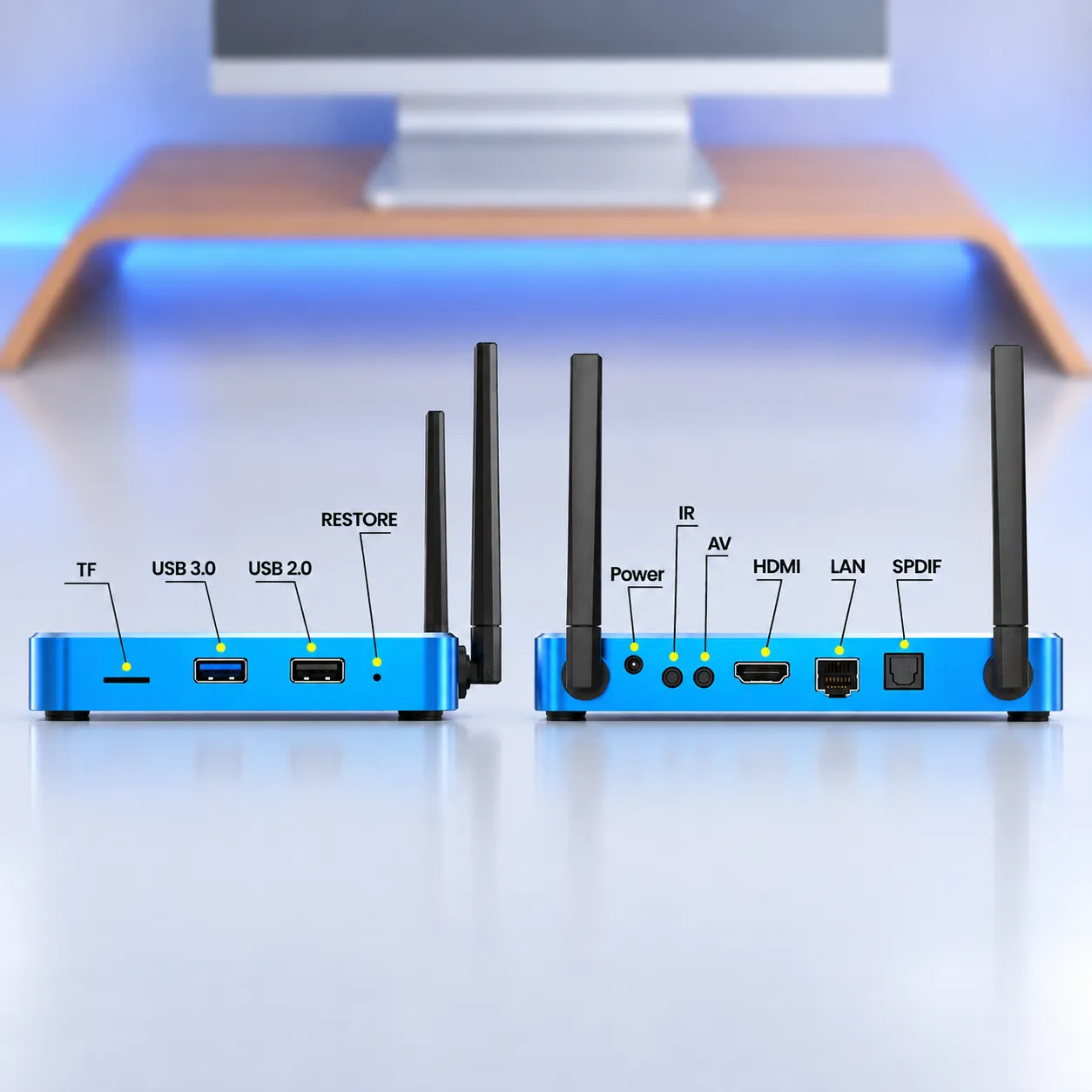 Front and rear views of SuperBox S8 Plus ports and connectivity