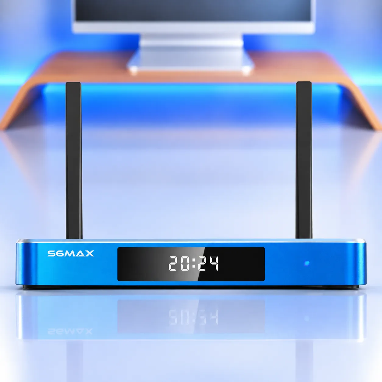 Front panel of SuperBox S6 Max with digital clock display