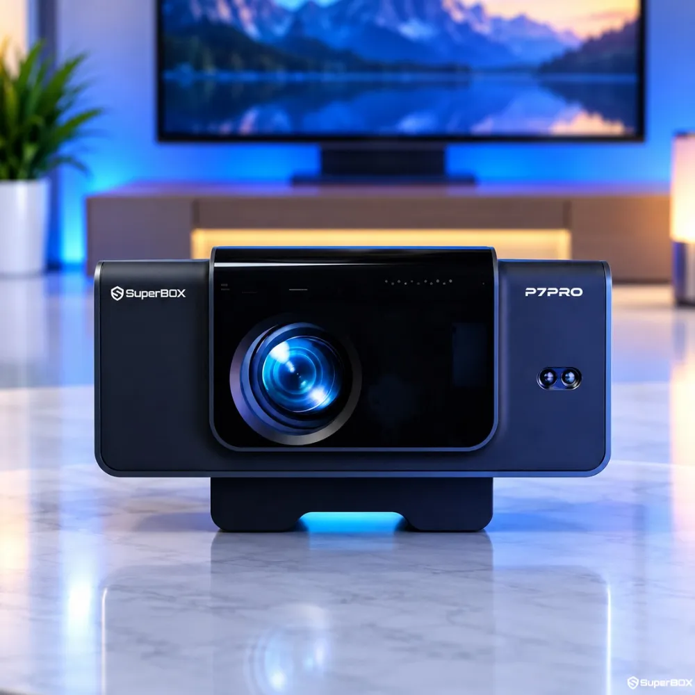 Front view of SuperBox P7 Pro Projector with lens