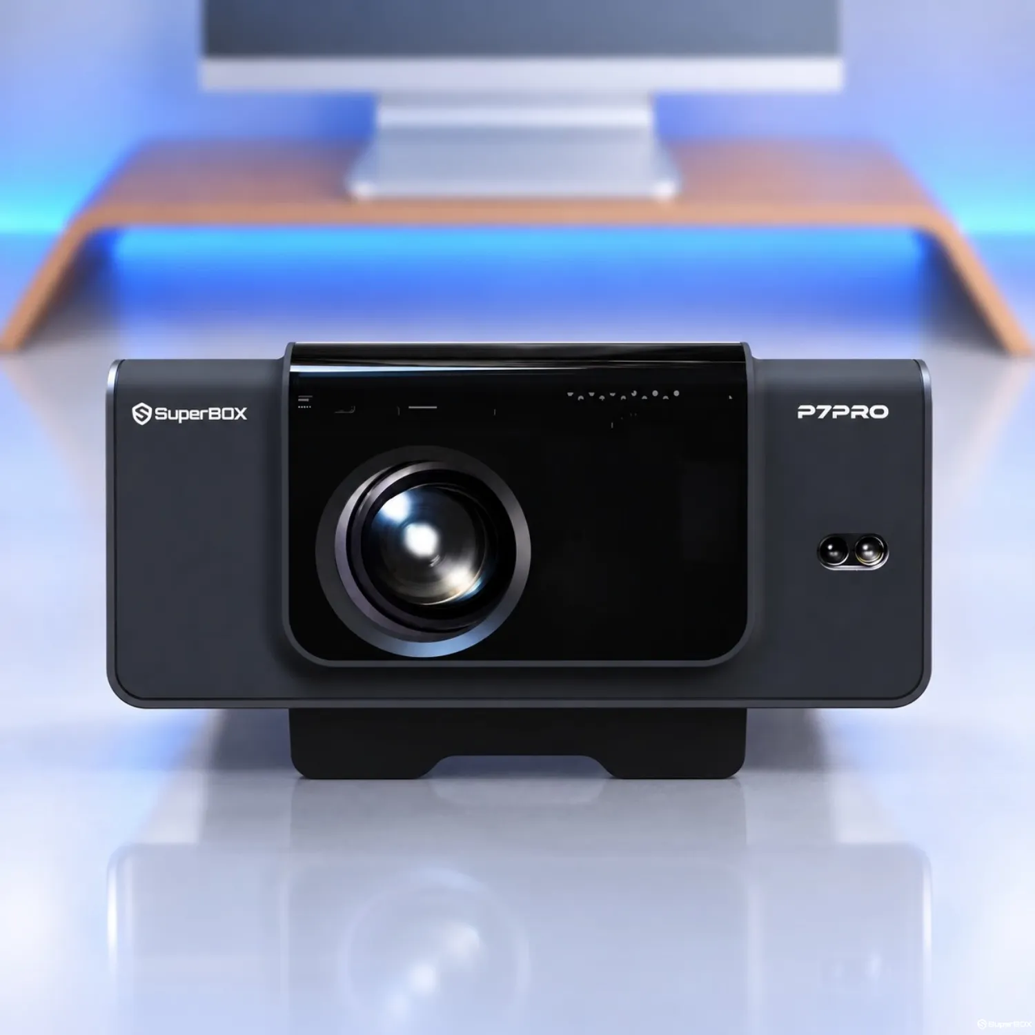 Front view of SuperBox P7 Pro Projector with lens