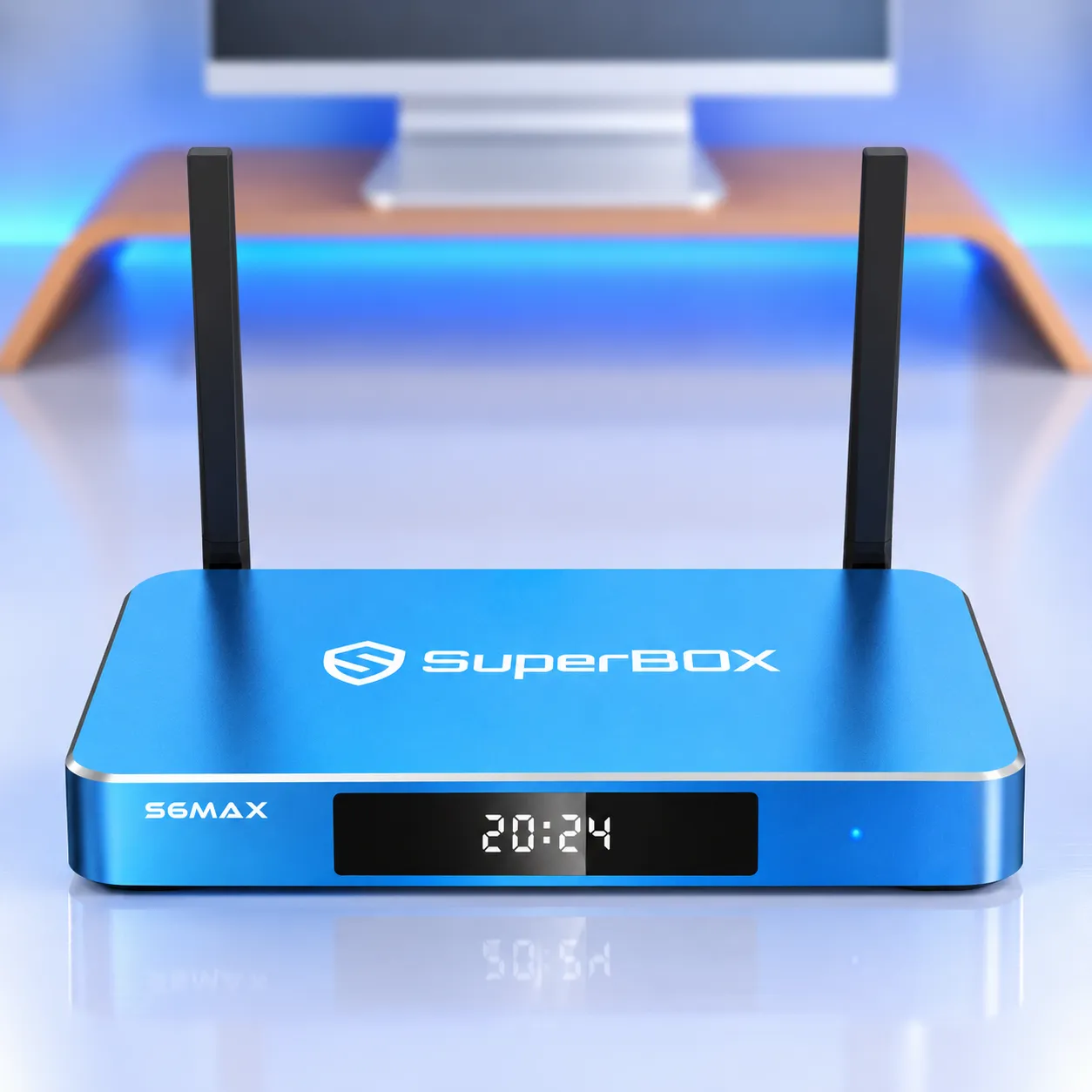 Front view of SuperBox S6 Max with dual antennas