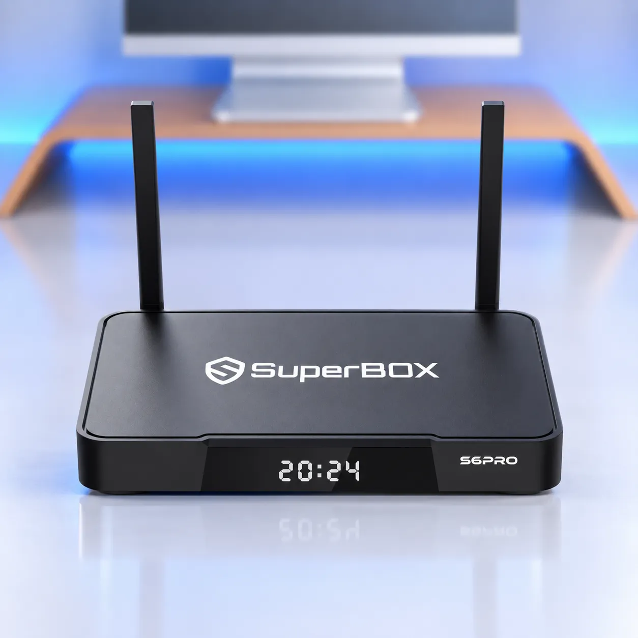 Front view of SuperBox S6 Pro with dual antennas