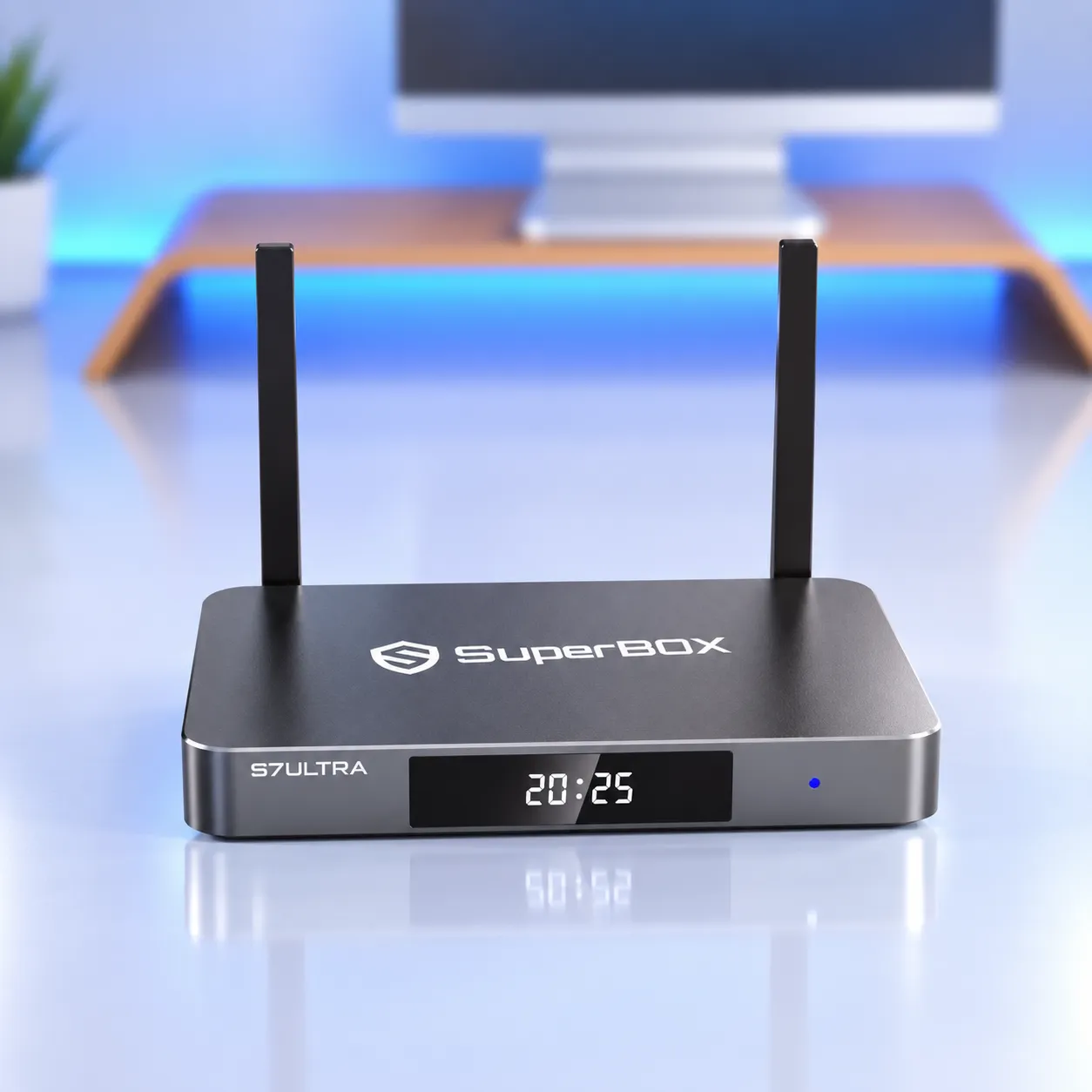 Front view of SuperBox S7 Ultra with dual antennas
