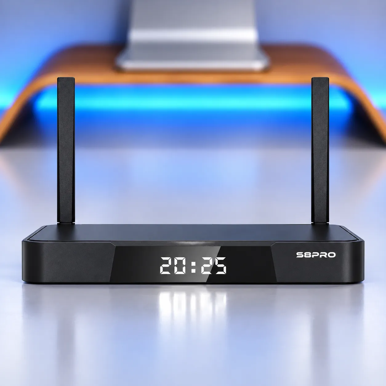 Front view of SuperBox S8 Pro with digital clock display