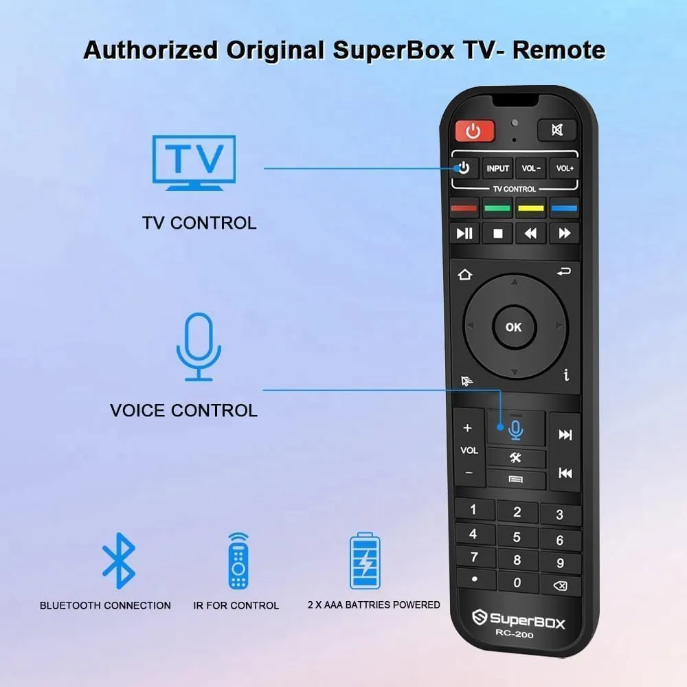 SuperBox RC200 Remote Pairing Guide: Step-by-Step Bluetooth & TV Setup 4 Featuring dual Bluetooth and IR connectivity, instant voice search support, and a customizable TV Control Zone to learn primary TV commands. Powered by 2 AAA batteries for seamless entertainment navigation.