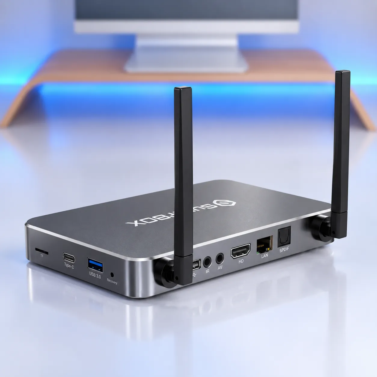 Rear view of SuperBox S8 Ultra with antennas and connectivity ports