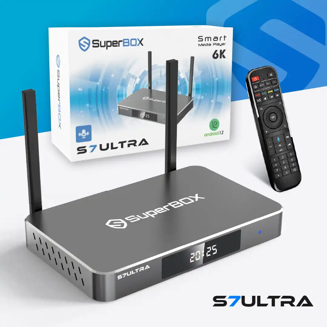 SuperBox S7 Ultra Android TV box front perspective view with dual WiFi antennas and digital clock display