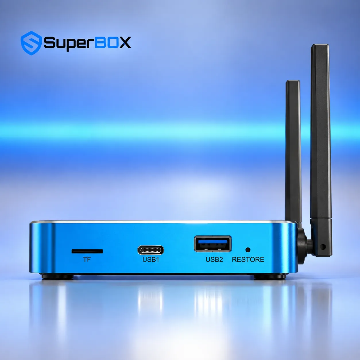 Side view of SuperBox S7 Max with USB and Restore ports