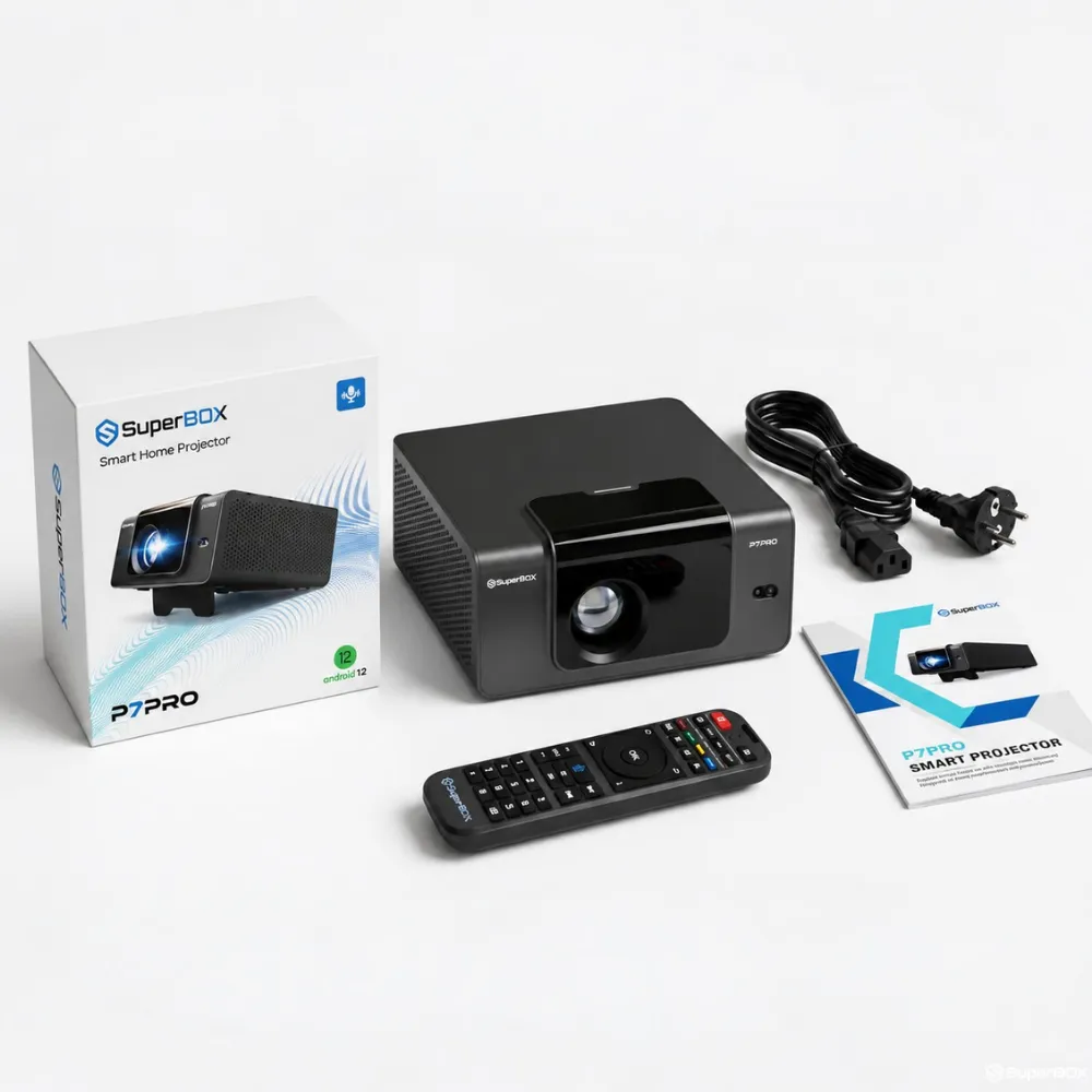 SuperBox P7 Pro Projector package with retail box, remote and accessories