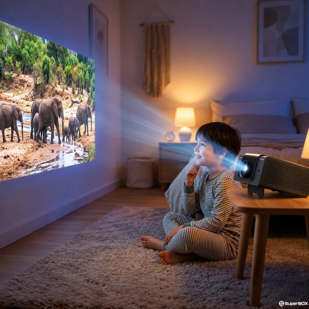 SuperBox P7 Pro Projector projecting entertainment in a bedroom