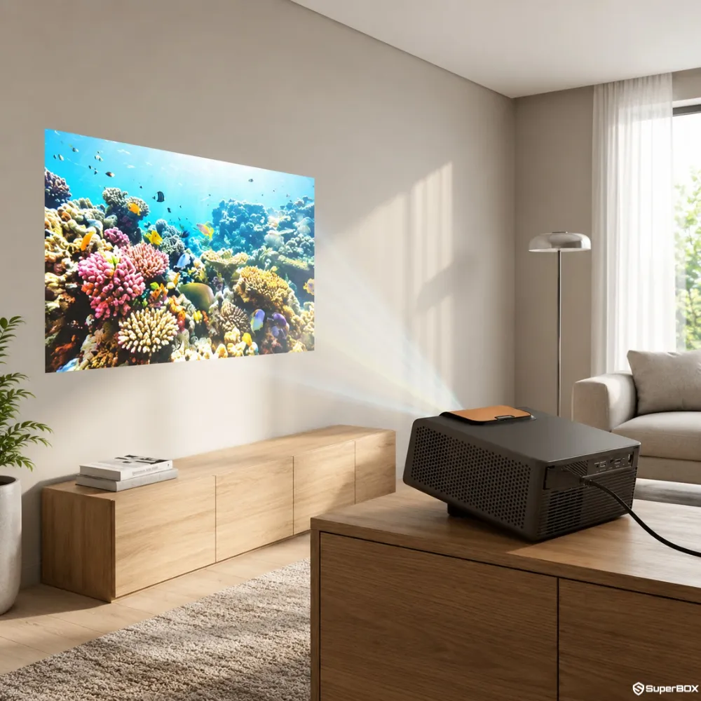 SuperBox P7 Pro Projector projecting in a bright living room