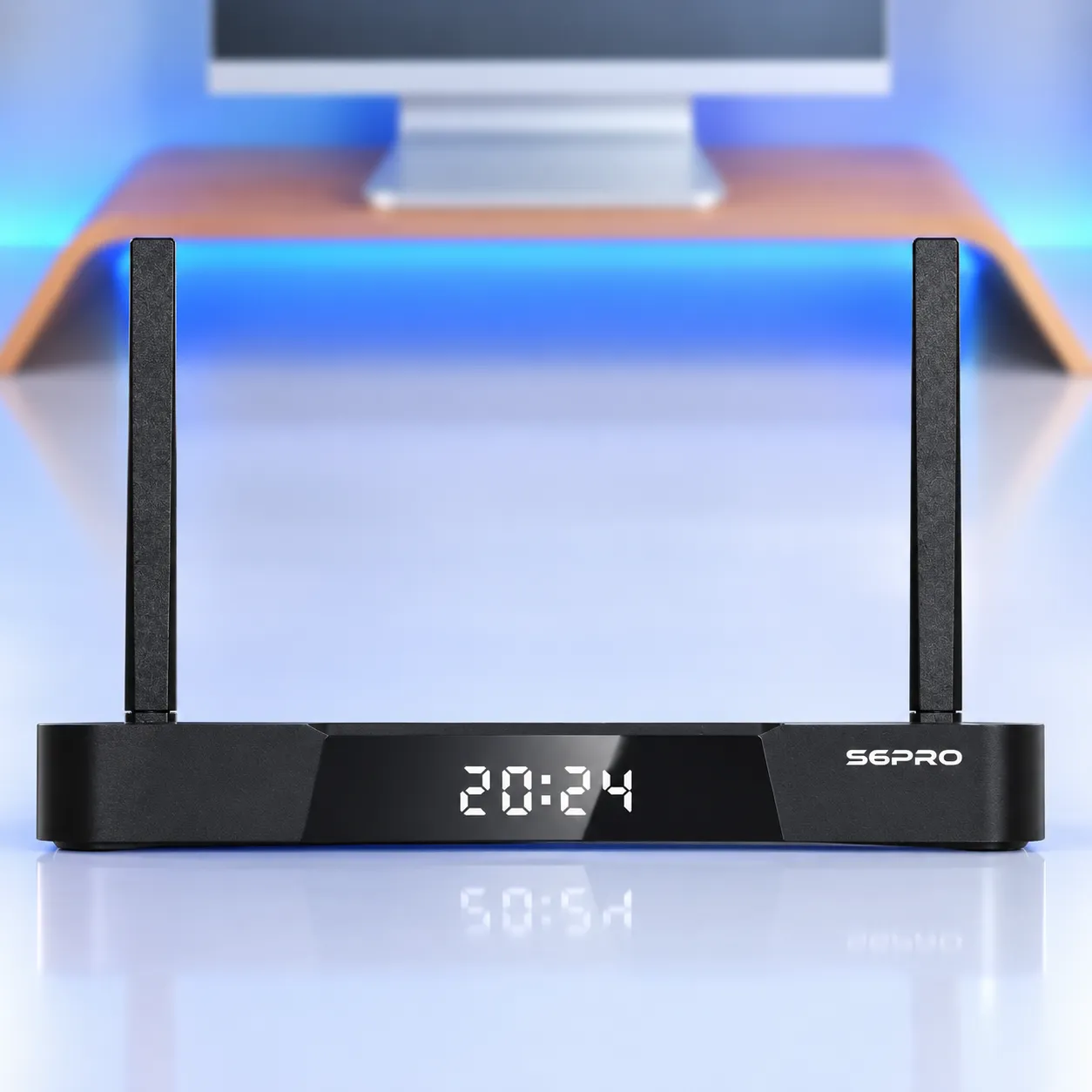 SuperBox S6 Pro front panel with digital clock display