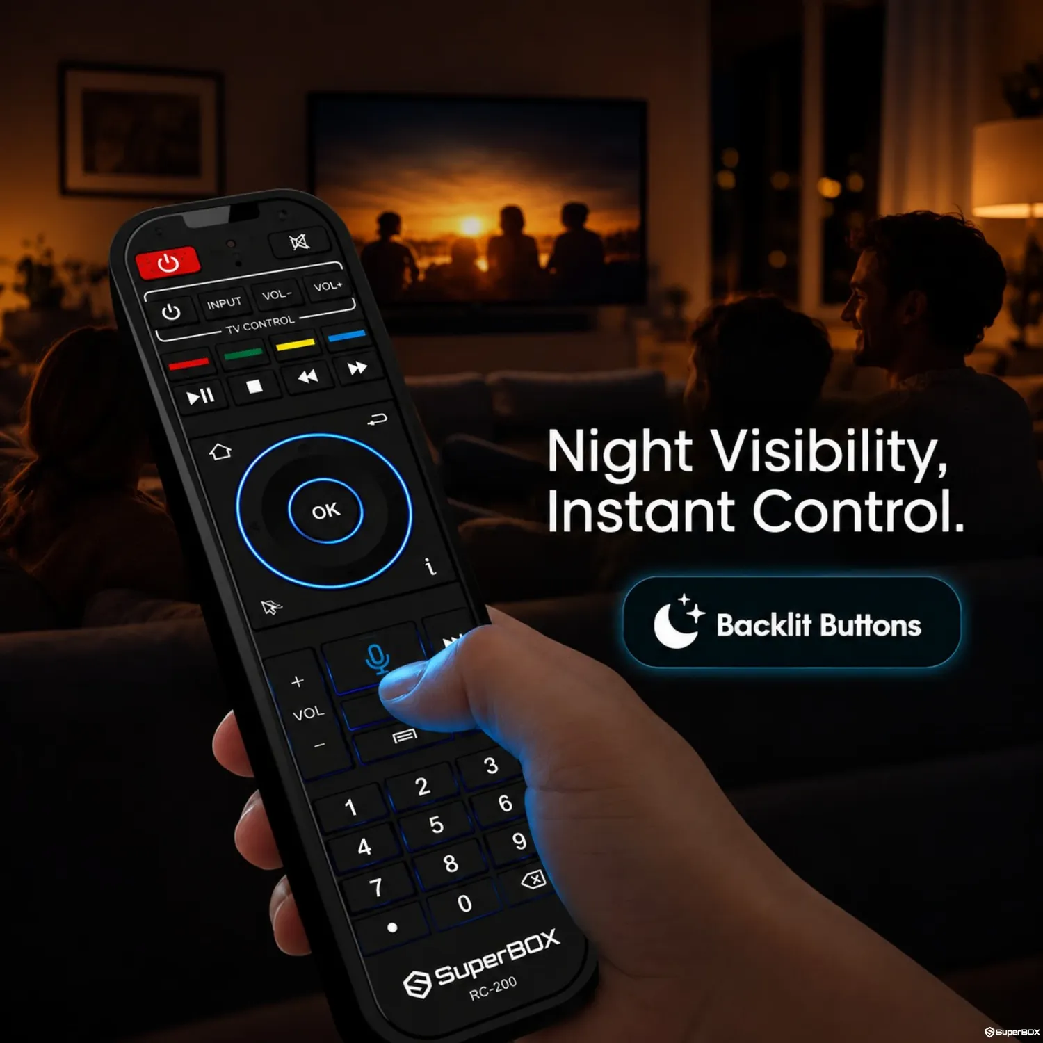 SuperBox S7 Prime backlit remote for night visibility