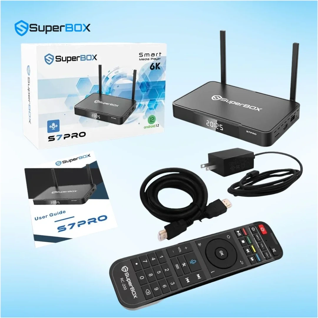 SuperBox S7 Pro complete bundle with remote, HDMI cable, and power accessories