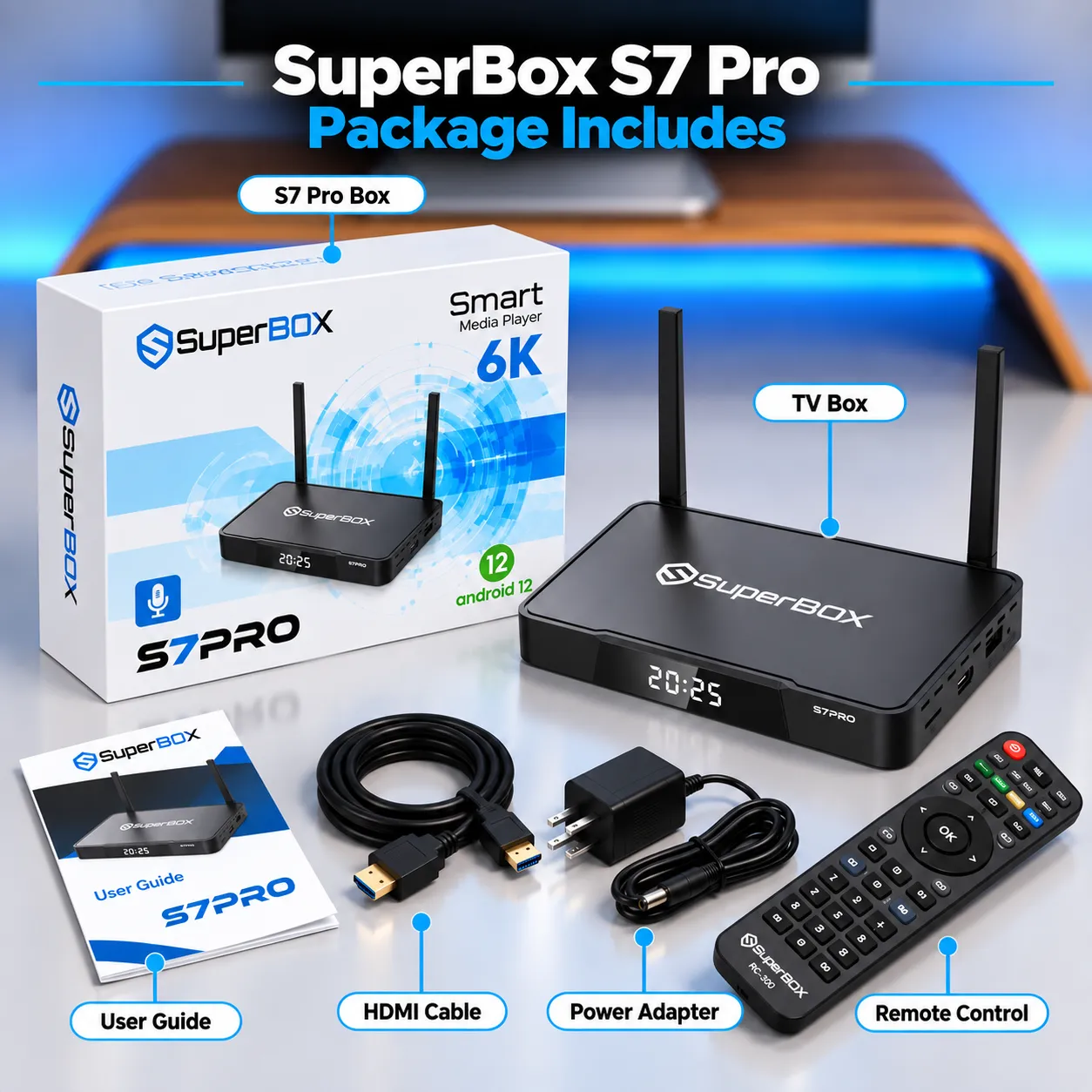 SuperBox S7 Pro package with included accessories