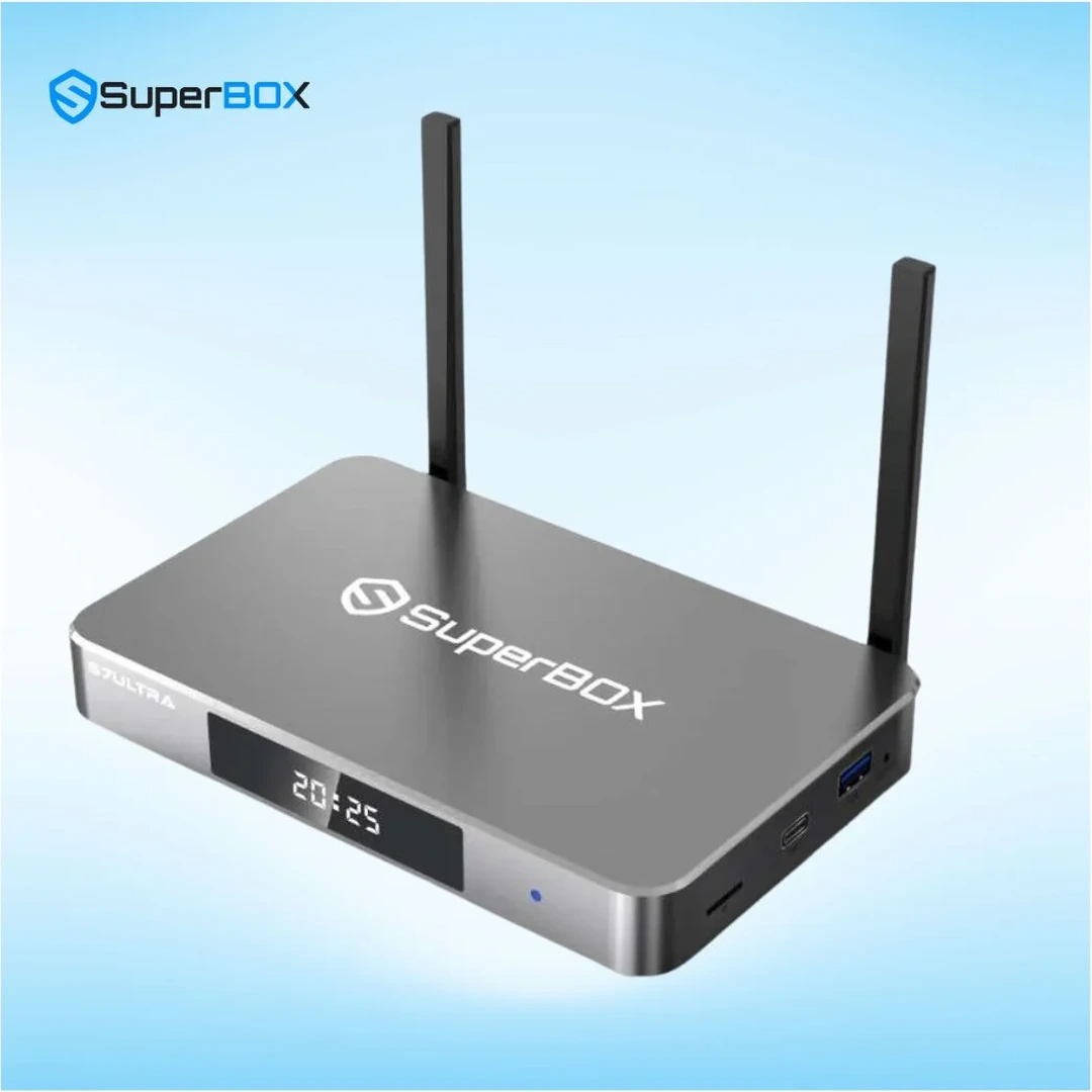 SuperBox S7 Ultra TV box front left angle view with dual WiFi antennas and LED display