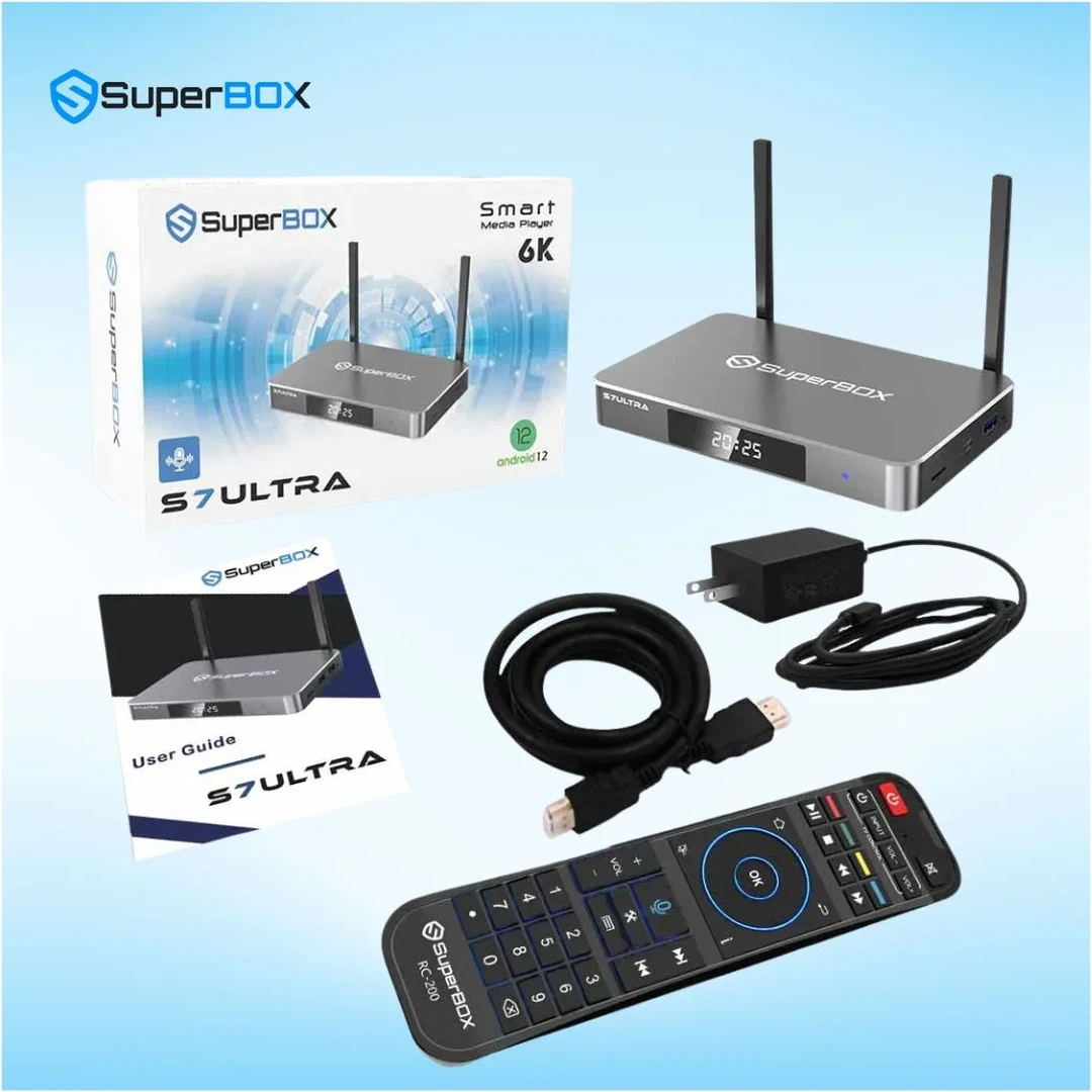 SuperBox S7 Ultra complete package including TV box, voice remote control, HDMI cable, and power adapter