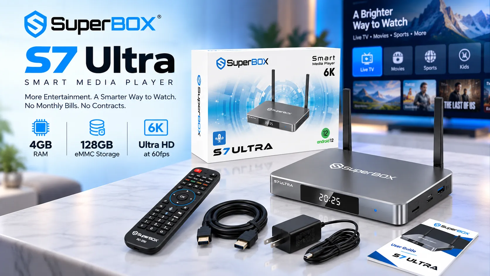 SuperBox S7 Ultra overview with retail box, accessories and key specifications