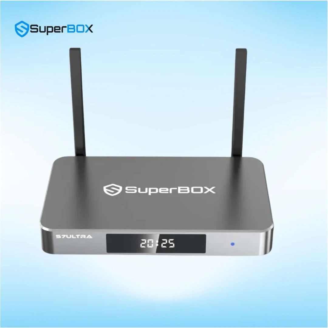 SuperBox S7 Ultra streaming device front view showing digital LED screen and dual antennas