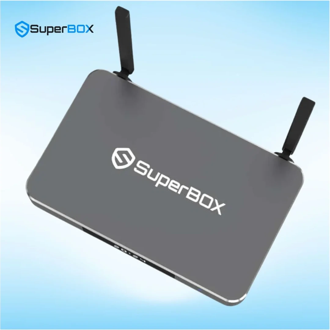 SuperBox S7 Ultra top view with premium metallic finish and dual WiFi antennas