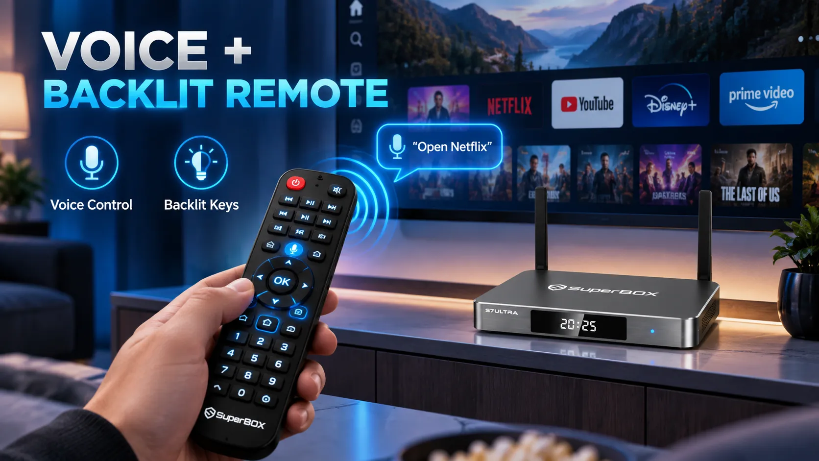 SuperBox S7 Ultra voice control and backlit remote