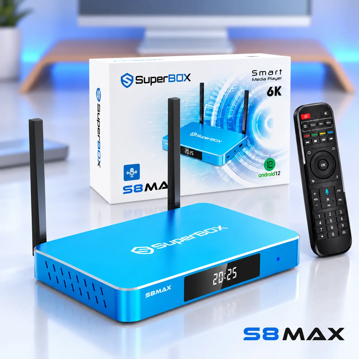 SuperBox S8 Max with retail box and remote control