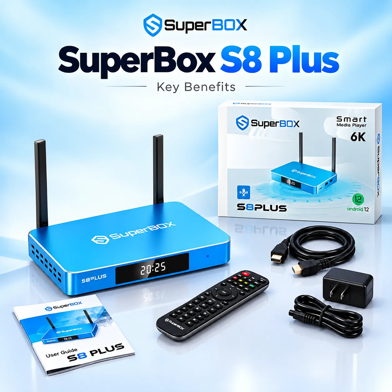 SuperBox S8 Plus key benefits with included accessories