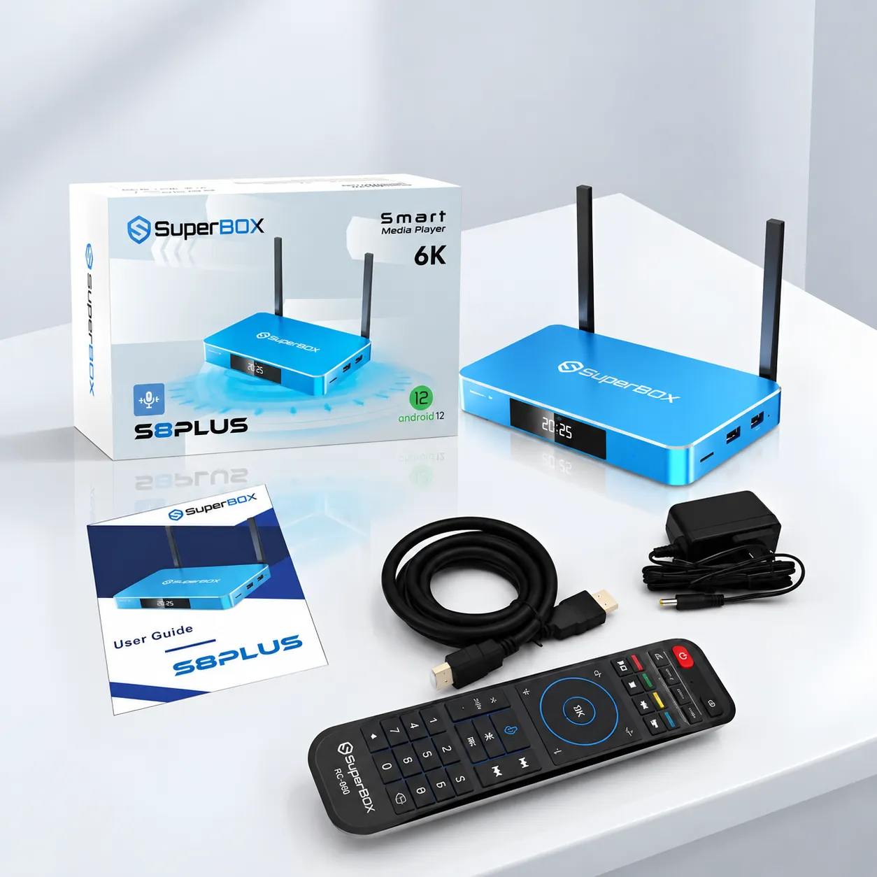 SuperBox S8 Plus package with retail box and accessories