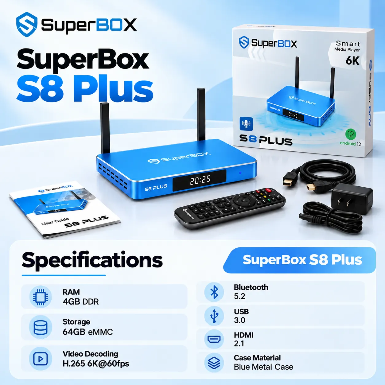 SuperBox S8 Plus technical specifications with product and accessories