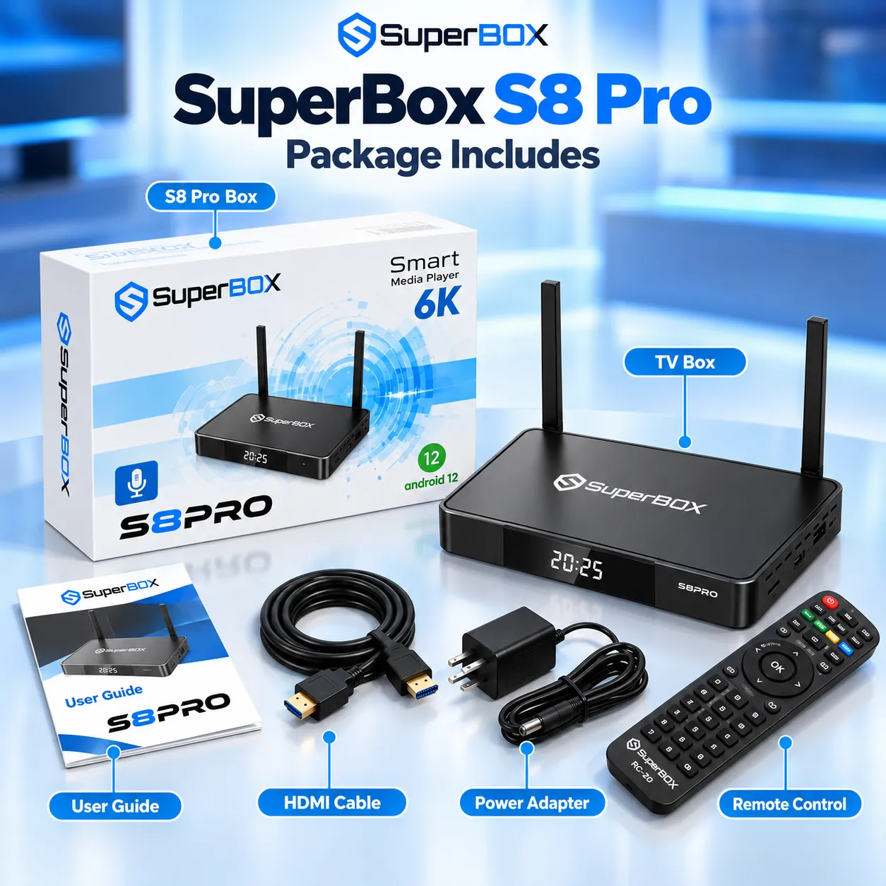SuperBox S8 Pro package with included accessories