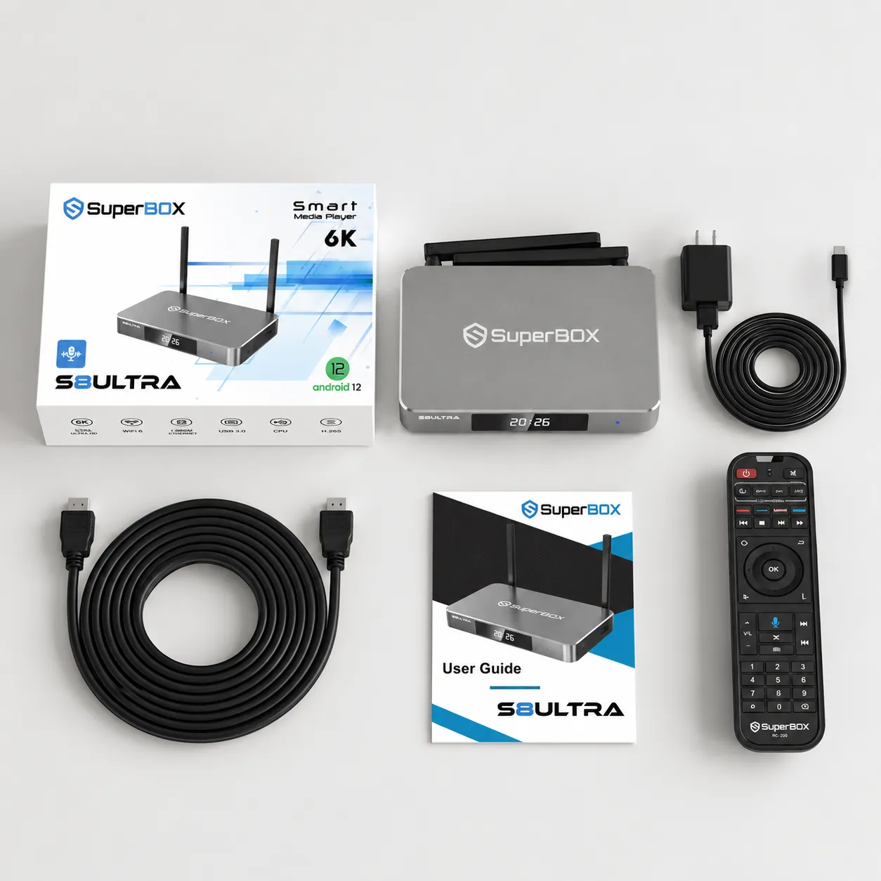 SuperBox S8 Ultra retail package with included RC2000L backlit remote and accessories