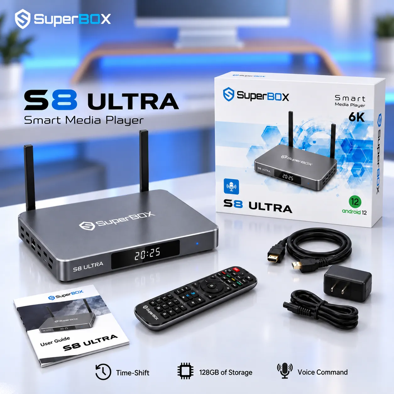 SuperBox S8 Ultra with product box and included accessories