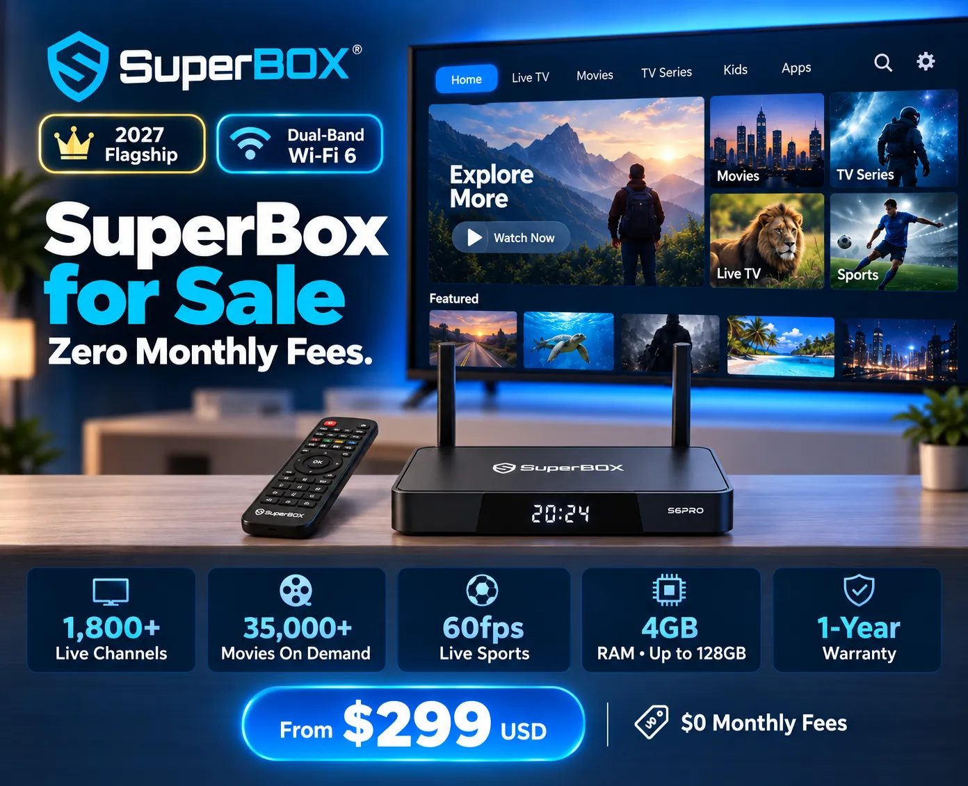 SuperBox for Sale promotional image with TV box, remote and key features