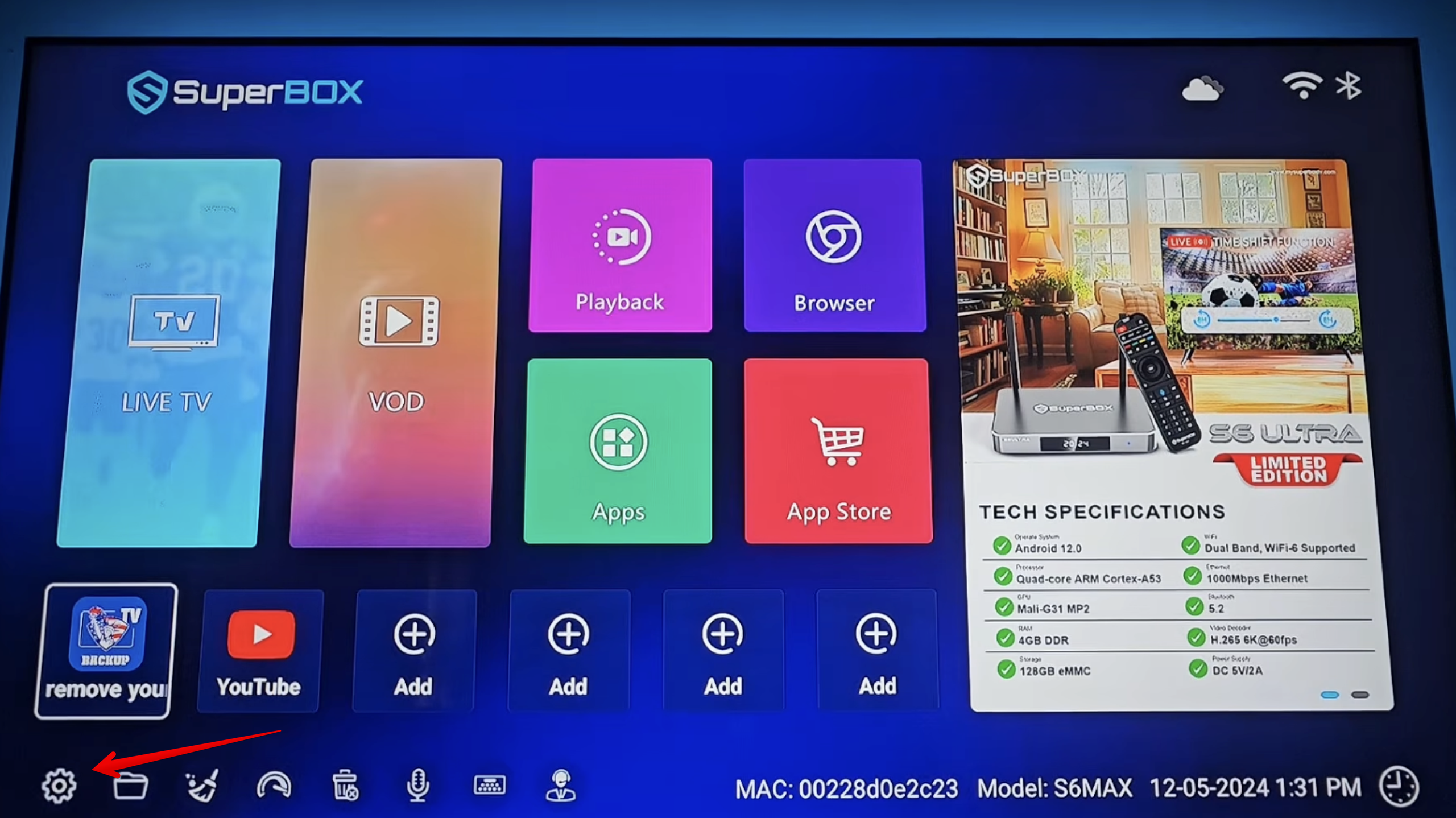 How to Update SuperBox Firmware? OTA & TV ROM Guide (2026) 3 Access the SuperBox Settings menu by clicking the gear icon at the bottom-left corner of the home screen to check for Over-The-Air (OTA) system updates.
