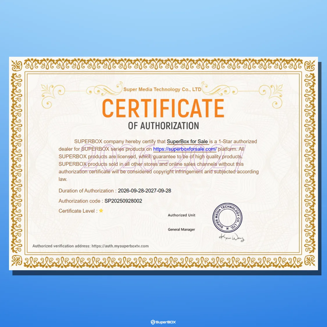 Certificate of Authorization %E2%80%93 SuperBox for Sale