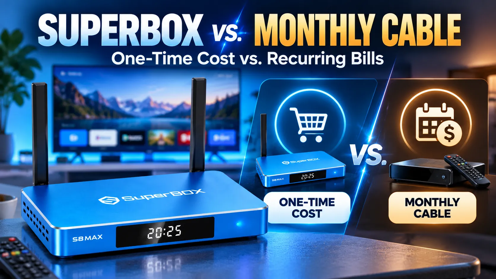 How does SuperBox one time cost compare to monthly cable
