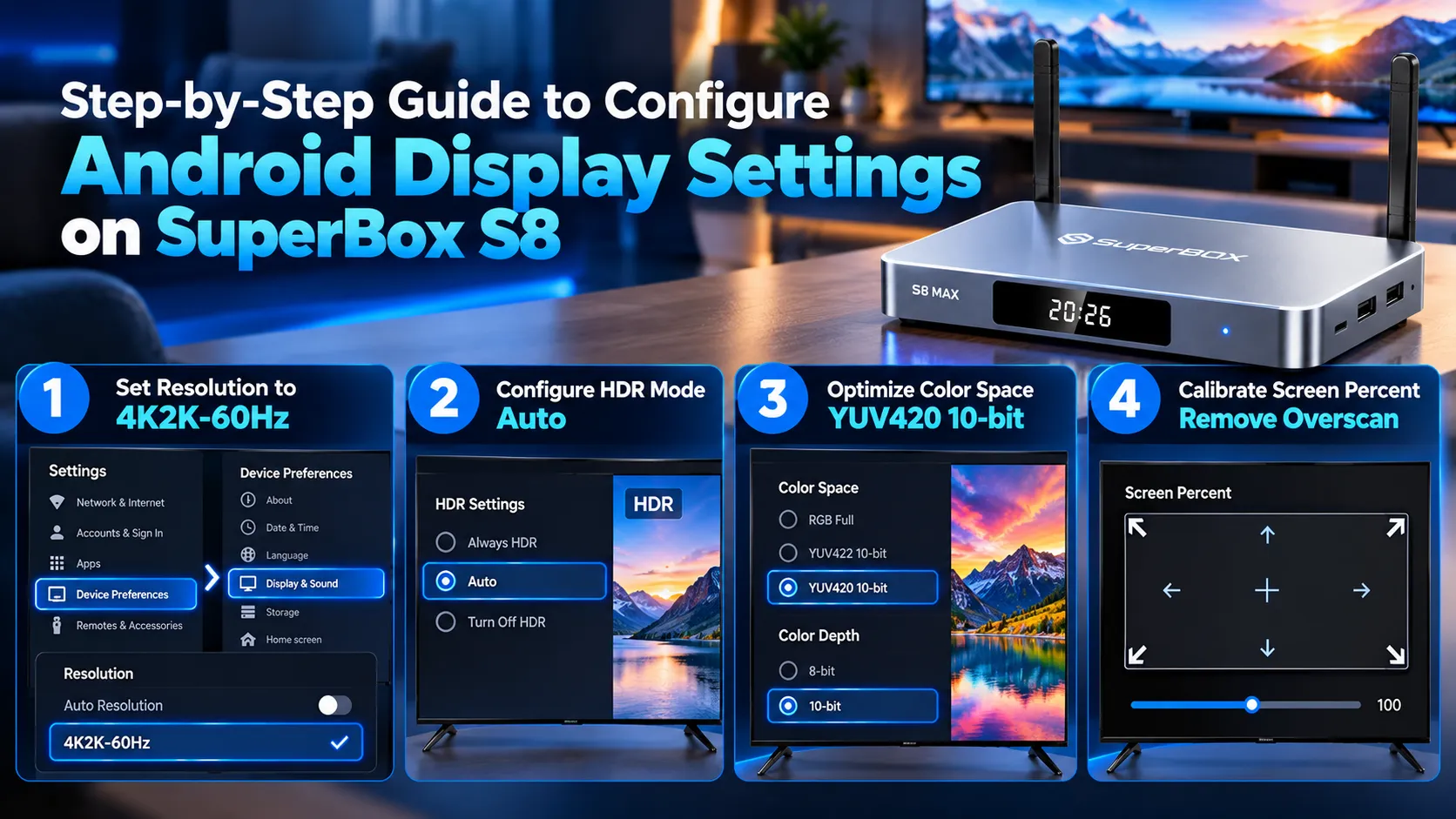 Step by step guide to configure core Android display settings on SuperBox S8