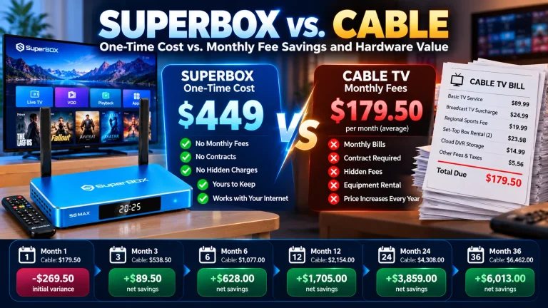 SuperBox one-time cost vs cable, monthly fee savings, and hardware value