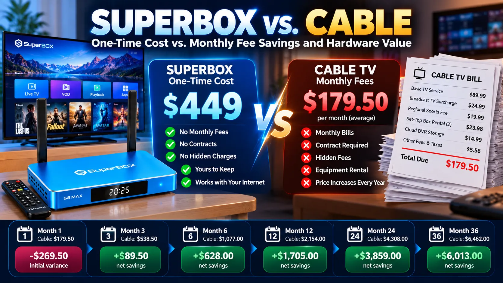 SuperBox one-time cost vs cable, monthly fee savings, and hardware value